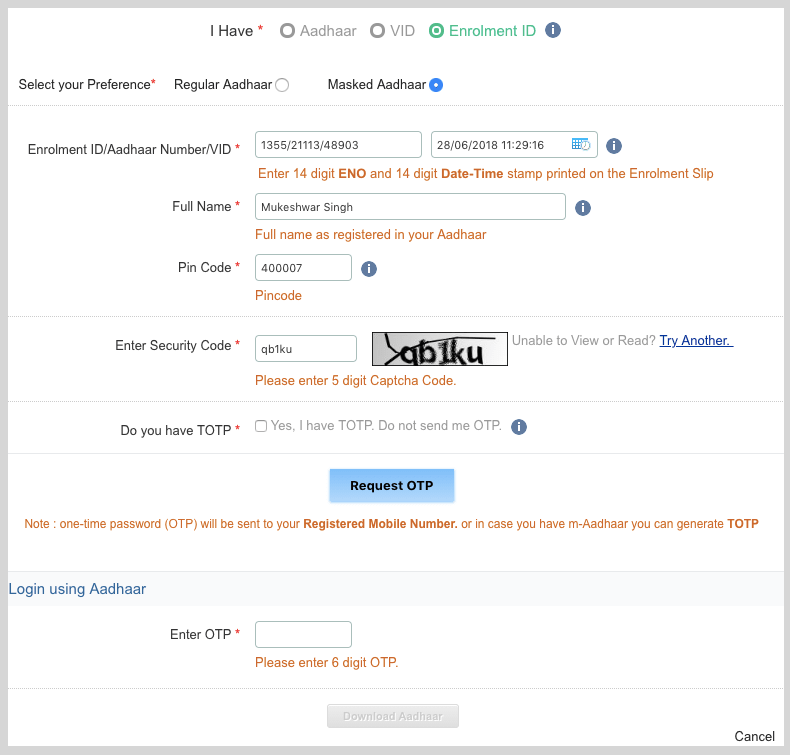 Download Aadhar card with Enrollment number information