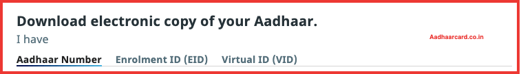 Picture of Selecting Aadhaar Number for Download Aadhaar Card