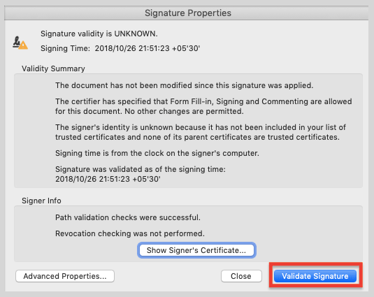 Validate Signature Option for Validating Digital Signature in Aadhar Card